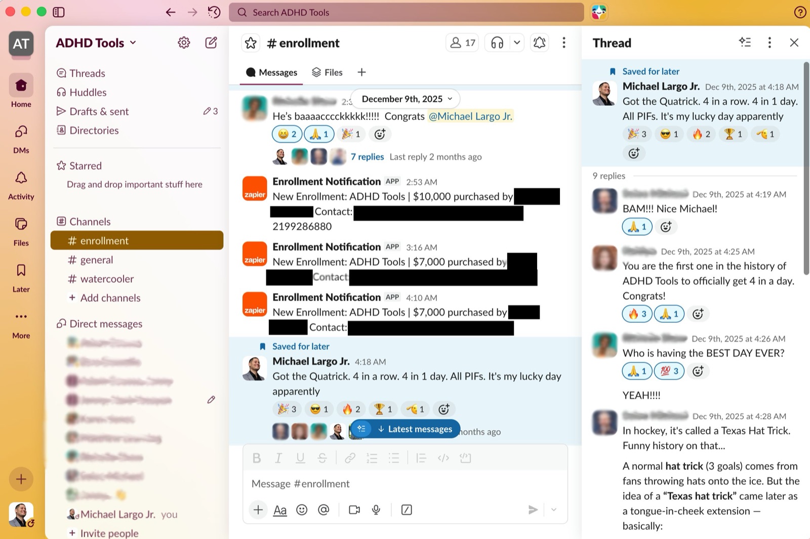 Slack enrolment channel, December 2025: three enrolment notifications and Michael's message, four in one day, all paid in full