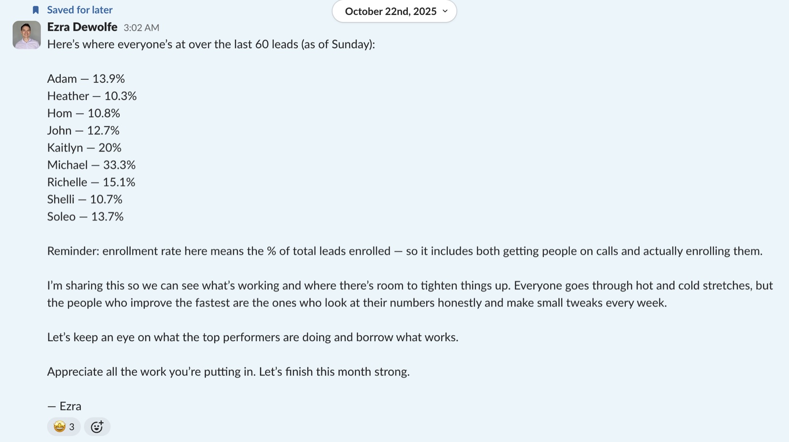 Slack message from the founder, 22 October 2025, enrolment rate over the last 60 leads: Michael 33.3%, next closer 20%